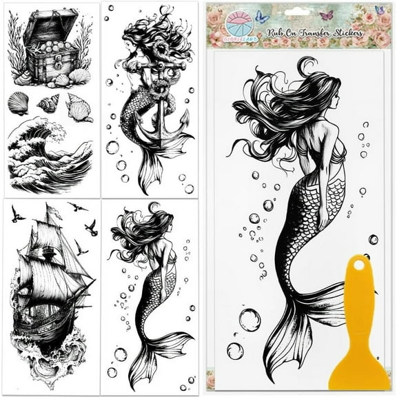 4 Sheets Vintage Sea Mermaids Furniture Transfer 11.8x5.9inch Waves Ships Treasure Rub on Transfer Sticker UV Self-Adhesive Wall Art Craft for Bedroom Living Room Desk Table Decoration Colorful DIY