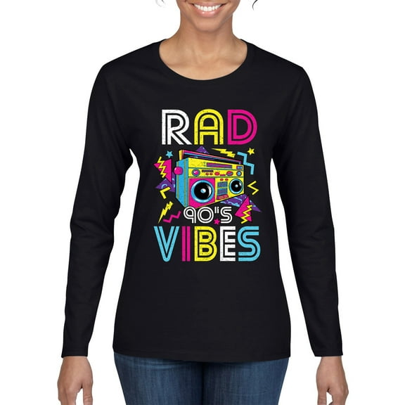 Rad 90's Vibes Vintage Womens Graphic Long Sleeve T-Shirt, Black, Medium