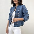 thumbnail image 3 of FDGIU Women Stand Collar Denim Jacket Long Sleeve Decorative Button Cropped Casual Jean Outerwear, 3 of 7