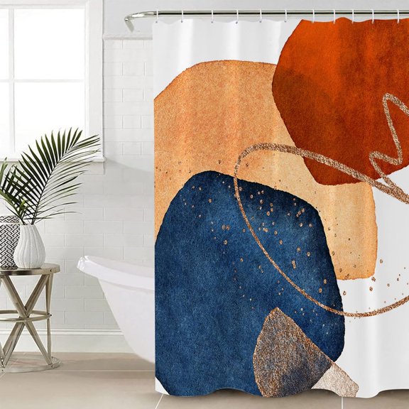 Polyester Fabric Blue Orange Red Boho Shower Curtain, Modern Geometric Middle Century Abstract Art, Waterproof Bathtub Curtain Bathroom Decor Set with Hooks 72 x 72 Inches,