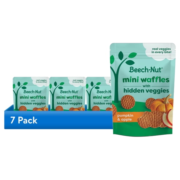 (7 pack) Beech-Nut Mini Waffles with Hidden Veggies Toddler Snack, Pumpkin Apple, 3.2 oz Bag