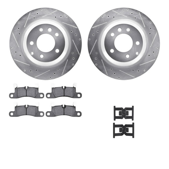Dynamic Friction Company Rear Brake Rotors-Drilled and Slotted-Silver with 5000 Advanced Brake Pads includes Hardware 7512-02017