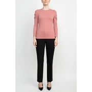 Catherine Malandrino Crew Neck Long Sleeve Ruched Shoulder Solid Knit Top-MOUNTAIN ROSE / S