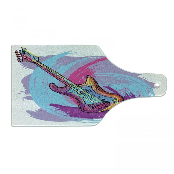 Music Cutting Board, Illustration of Electric Guitar Modern Musical, Decorative Tempered Glass Cutting and Serving Board, Wine Bottle Shape, Lavender Magenta, by Ambesonne