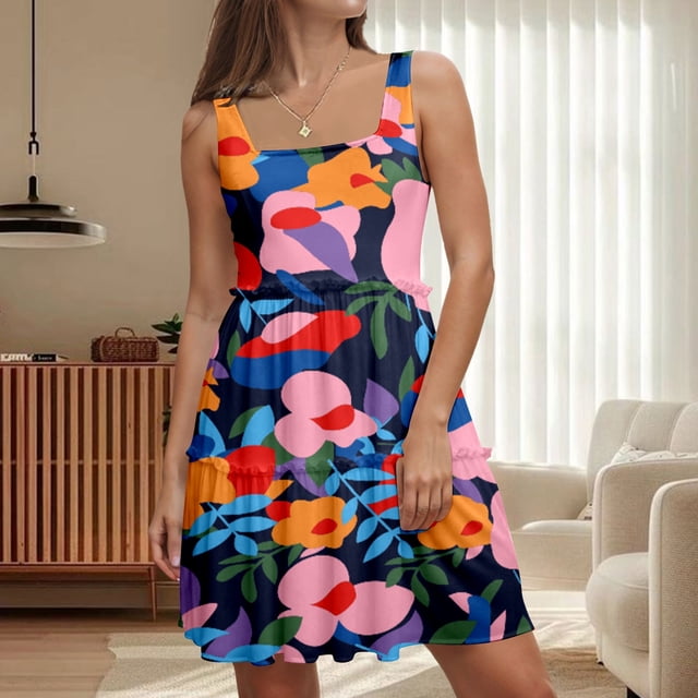 WILLBEST Vestidos Floreados Para Mujer 2025 Vestido De Chaleco Holgado Con Cuello Redondo Sin Mangas Y Estampado De Patchwork 2176