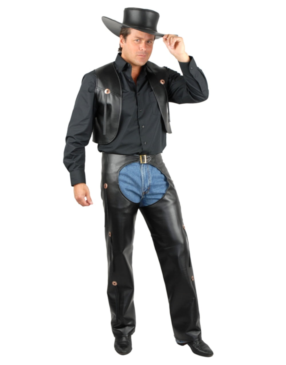 Men's Range Rider Cowboy Costume Black Faux Leather Chaps and Vest