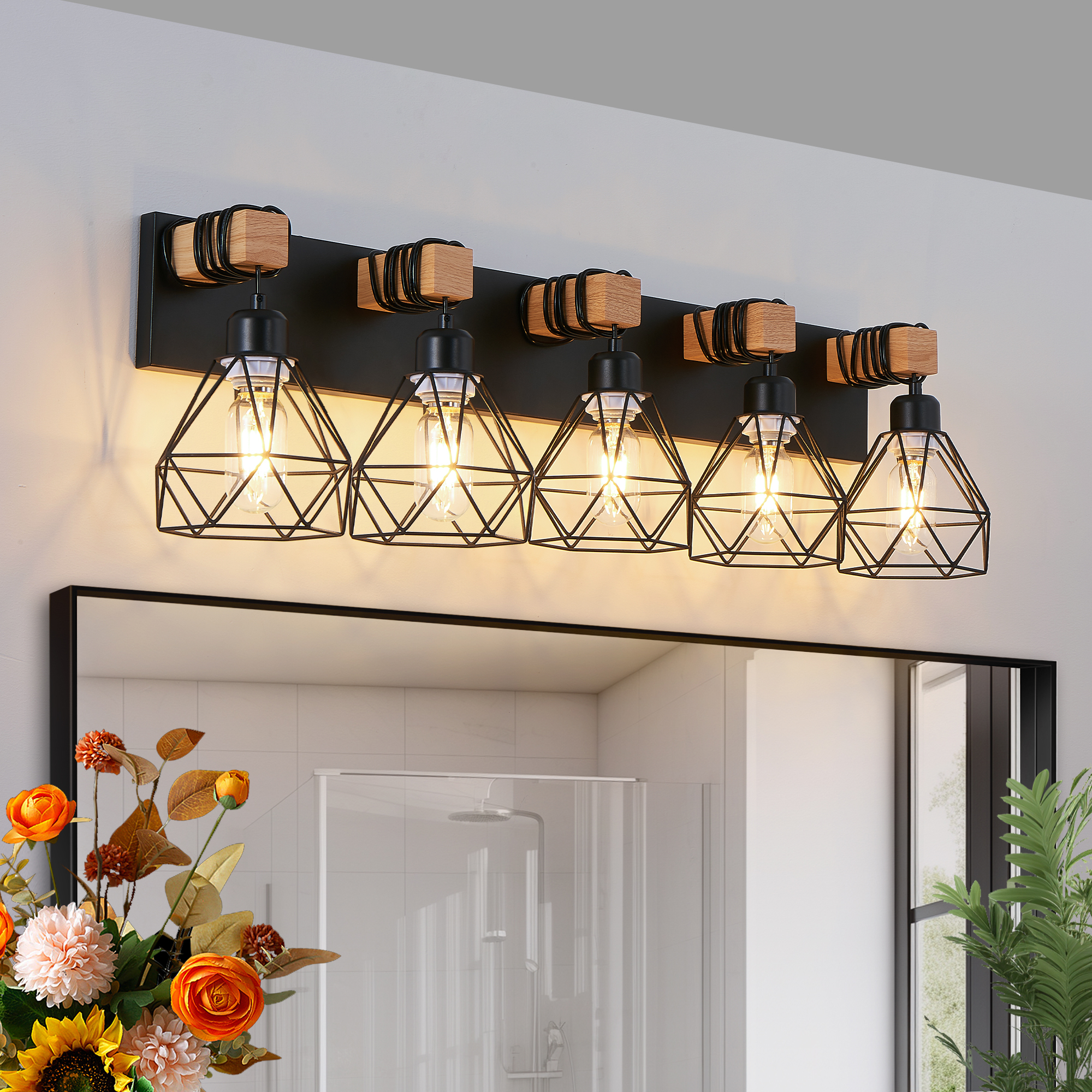 Leumius Modern Geometric 5-Light Vanity Light Fixture with Black Metal, Wooden Accents and Cage Lampshade for Bathroom, Bedroom, or Living Room (Bulb Not Included)