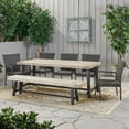 thumbnail image 2 of Logan Outdoor Rustic Acacia Wood 8 Seater Dining Set with Dining Bench, Sandblast Light Gray, Black, and Gray, 2 of 10