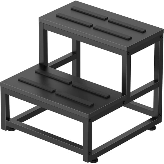 2-Step Stool with Steel Frame and Wooden Steps, Non-Slip Foot Stool for Bed Kitchen or RV  Black