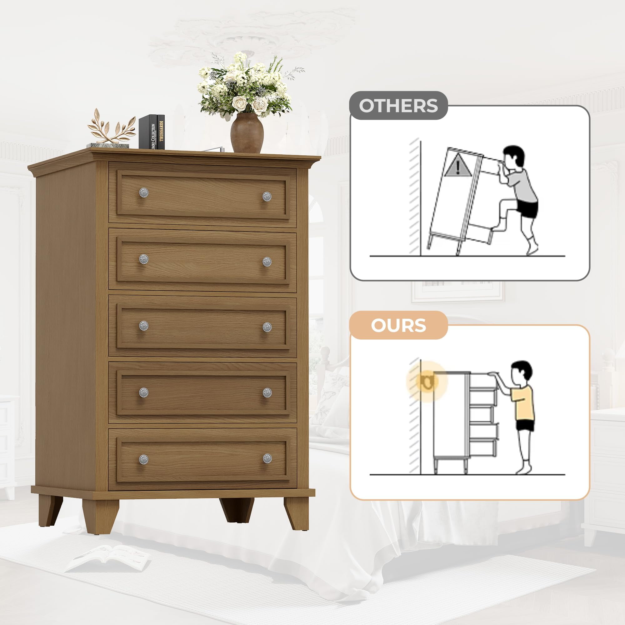 5 Drawer Dresser for Bedroom, 48" Tall Modern Chest of Drawers with Deep Drawers, Wood Storage Cabinet with Vintage Metal Handles for Living Room, Hallway, Brown