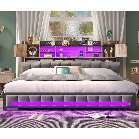 Queen Bed Frame with 3-Tier Headboard & 2 Hidden Storage, LED Lights Upholstered Bed Frame Queen Size with Charging Station, Platform Metal Bed Frame with Storage, No Box Spring Needed, Charcoal Gray