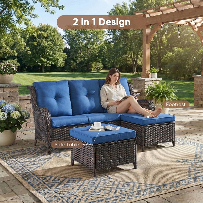 PARKWELL Outdoor Patio Wicker Furniture Set - 5 Piece Sectional Sofa Set with 3-Seat Sofa,2 Chairs and 2 Ottomans,Brown Wicker and Blue Cushion