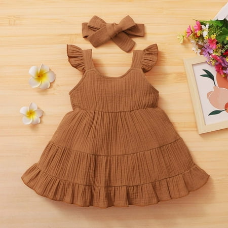 

KONBECA Infant Girls Tops Skirt Outfit Sets Toddler Girls Sleeveless Dress Bow Headband Three-piece Little Girls Top Infant Skirt Set Brown (18-24 Months)
