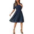 thumbnail image 2 of INSPIRE CHIC Women's Dress Chiffon Metallic Stars Ruched Sleeve V Neck A-line Dress L Navy Blue, 2 of 6