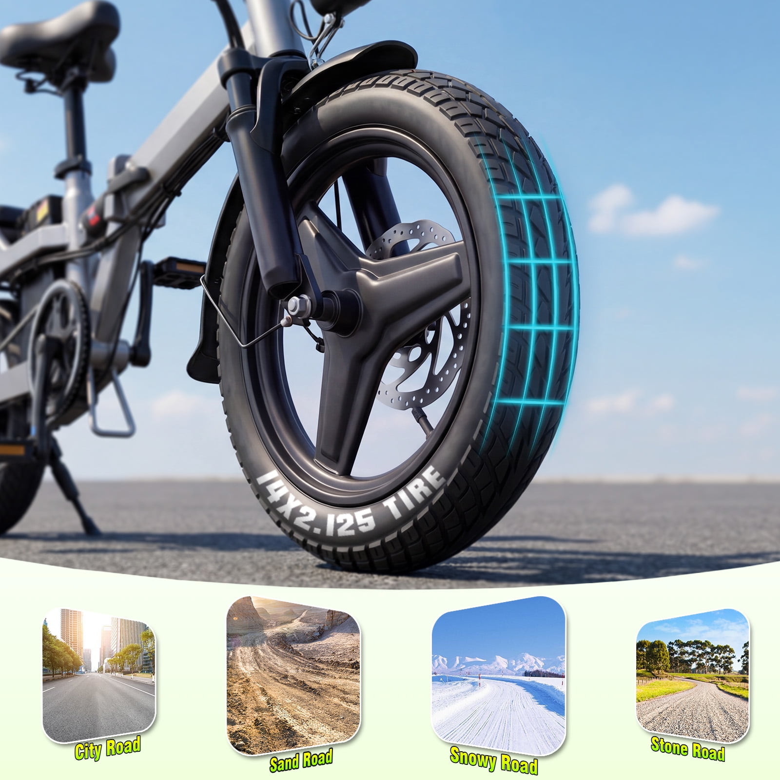 14 in Adult Folding Electric Bicycle, 750W Peak Motor, 25-30 Mile Range, 500 Lb High Load Capacity, Front And Rear Disc Brakes + Five-Fold Shock Absorption, Led Smart Display, Equipped With Combinati