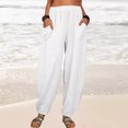 thumbnail image 2 of Women's Linen Harem Pants with Pockets | Loose Fit Wide Leg Elastic Waist Cropped Pants, Lightweight Breathable, Lounge & Casual Summer Trousers White S, 2 of 6
