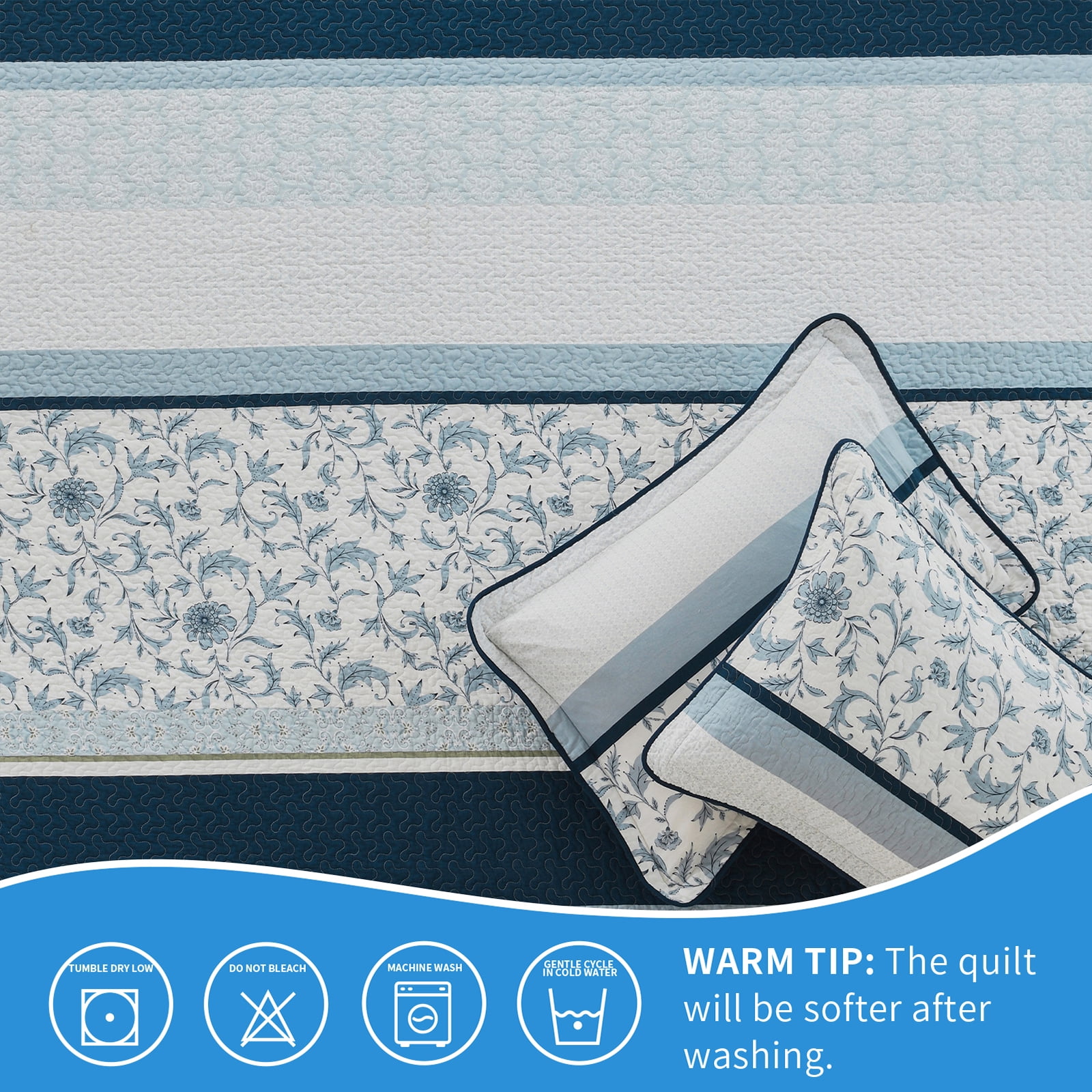 Bedduvit Floral Blue Queen Quilt - 100% Cotton Striped Patchwork Reversible Navy/Blue Queen Size Quilt, Lightweight Summer Botanical Flower Print Bedspread, Vintage Bedding Set for Queen Bed, 98x90