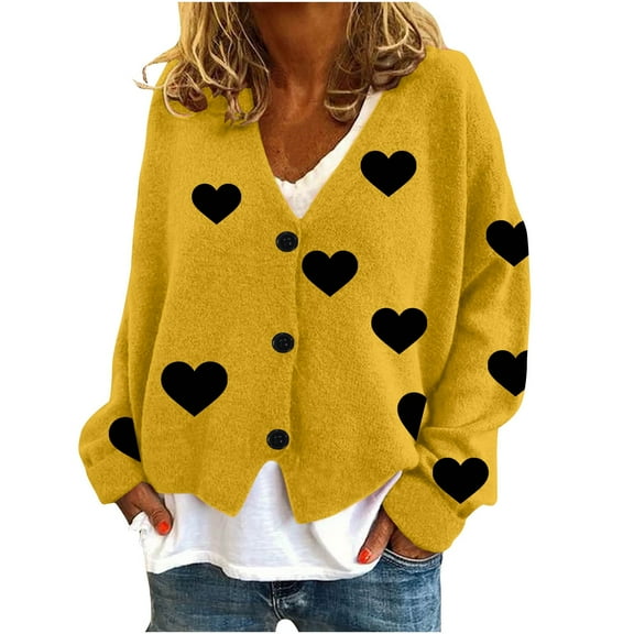 Kaemgyyd N Women's Cardigans Casual Heart V Neck Button up Knit Sweater Tops Fall Long Sleeve Loose Fit Outerwear Coats