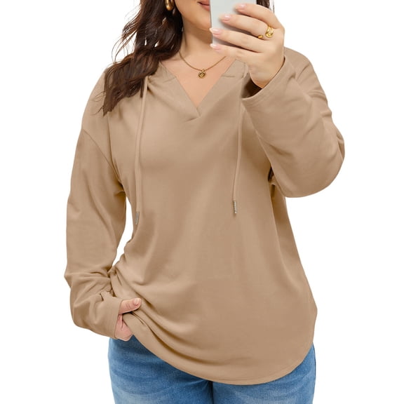 SHEWIN Plus Size Hoodie for Women Sweatshirt V Neck Long Sleeve Fleece Curved Hem Pullover Tops Brown 2X