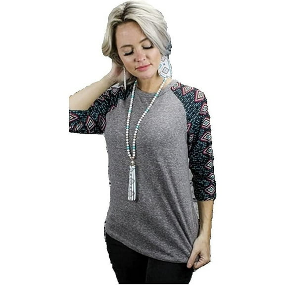 Womens Shirt Aztec Ladies 3/4 Sleeves Geometric Western Top Gray Medium or Large