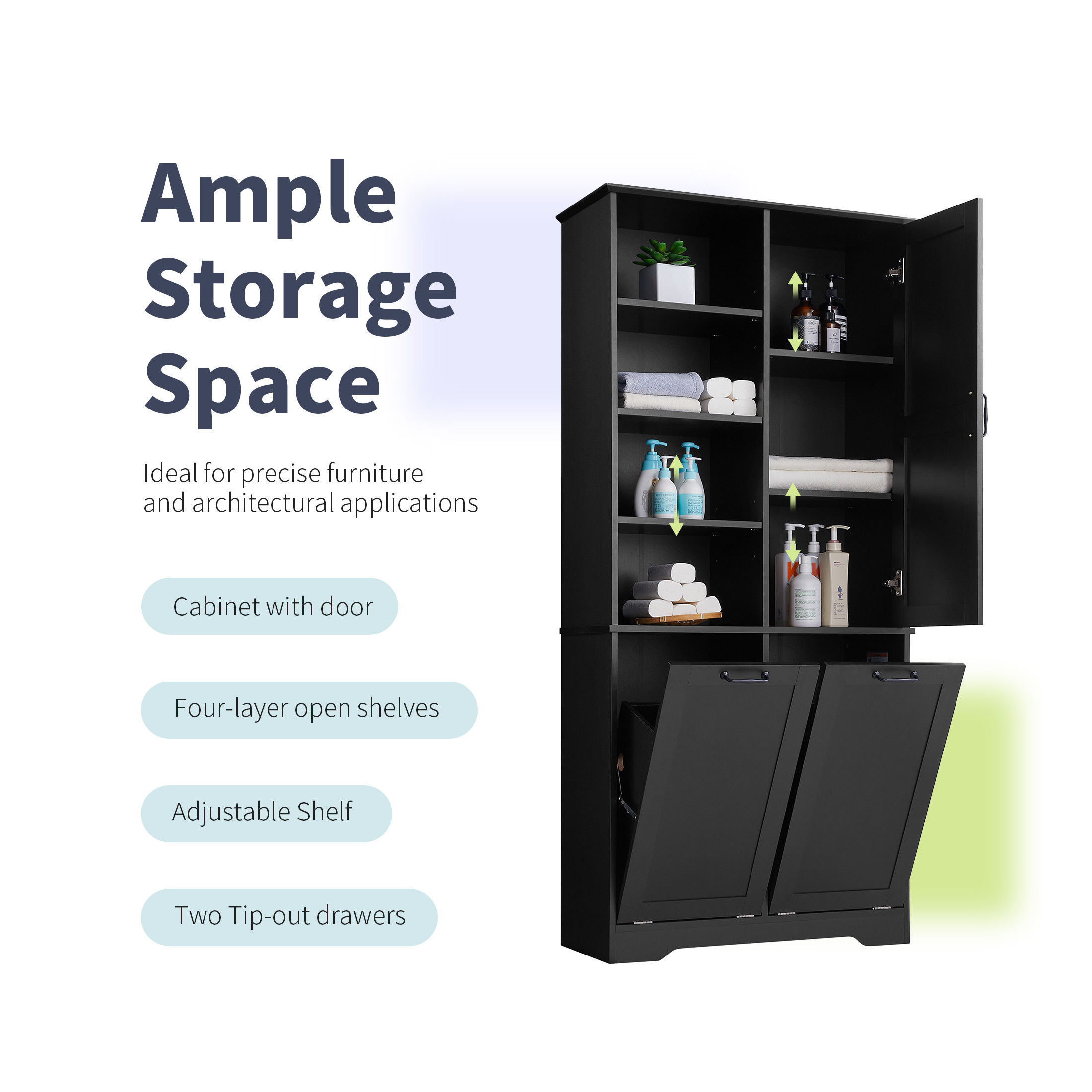 GDF Studio 68" Bathroom Storage Cabinet with Doors and Drawers, Tilt-Out Laundry Hamper, Open Shelves, Black