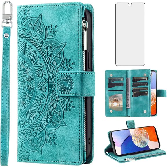 Phone Case for Samsung Galaxy S23 FE 5G Wallet Cover With Tempered Glass Screen Protector and Wrist Strap Mandala Flower Flip Zipper Credit Card Holder Cell S 23 EF S23FE5G S23FE G5 Women Green