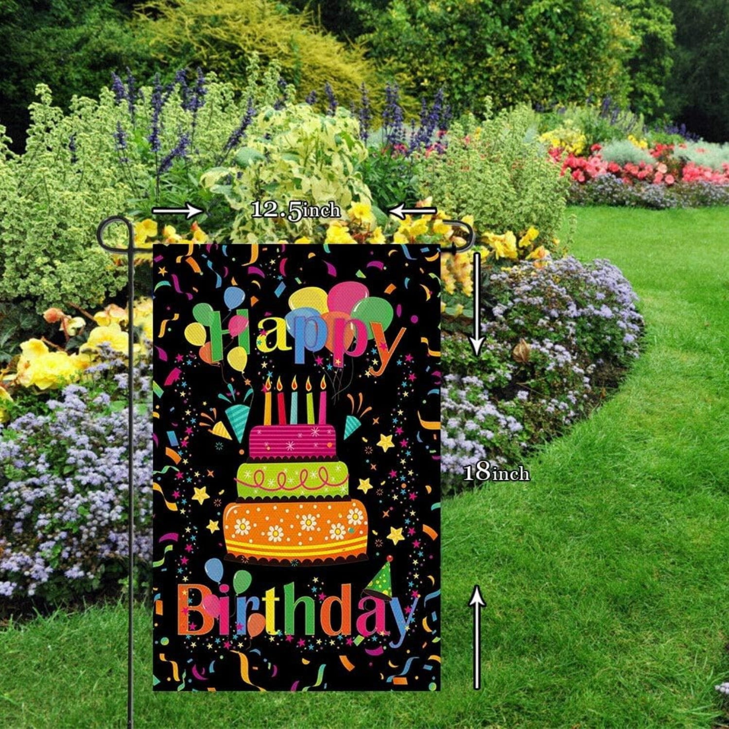 Happy Birthday Garden Flag Banner Big Cake Colorful Balloon Yard Flag Burlap Vertical Double-Sided Party Welcome Farmhouse Outdoor Outside Home House Decoration