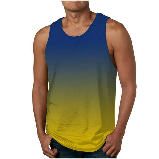 Mens Camisetas Algodón Gradiente Color Impreso sin Mangas Cuello Redondo Tanque, Chaleco Casual para Al Aire Libre Y Verano