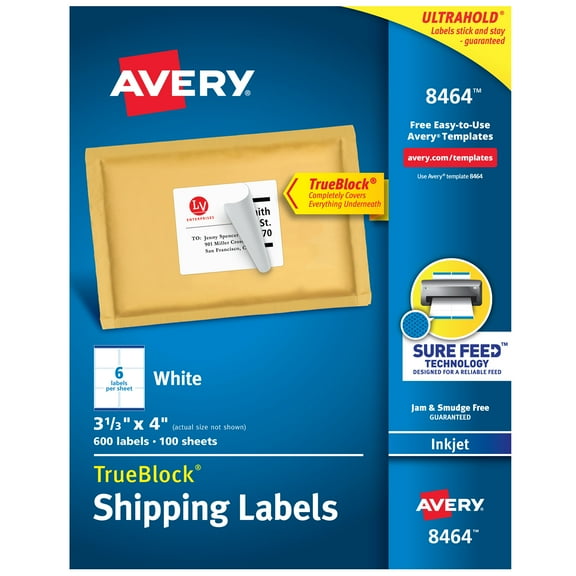 Avery Shipping Labels, Sure Feed, 3-1/3" x 4", 600 White Labels (8464)