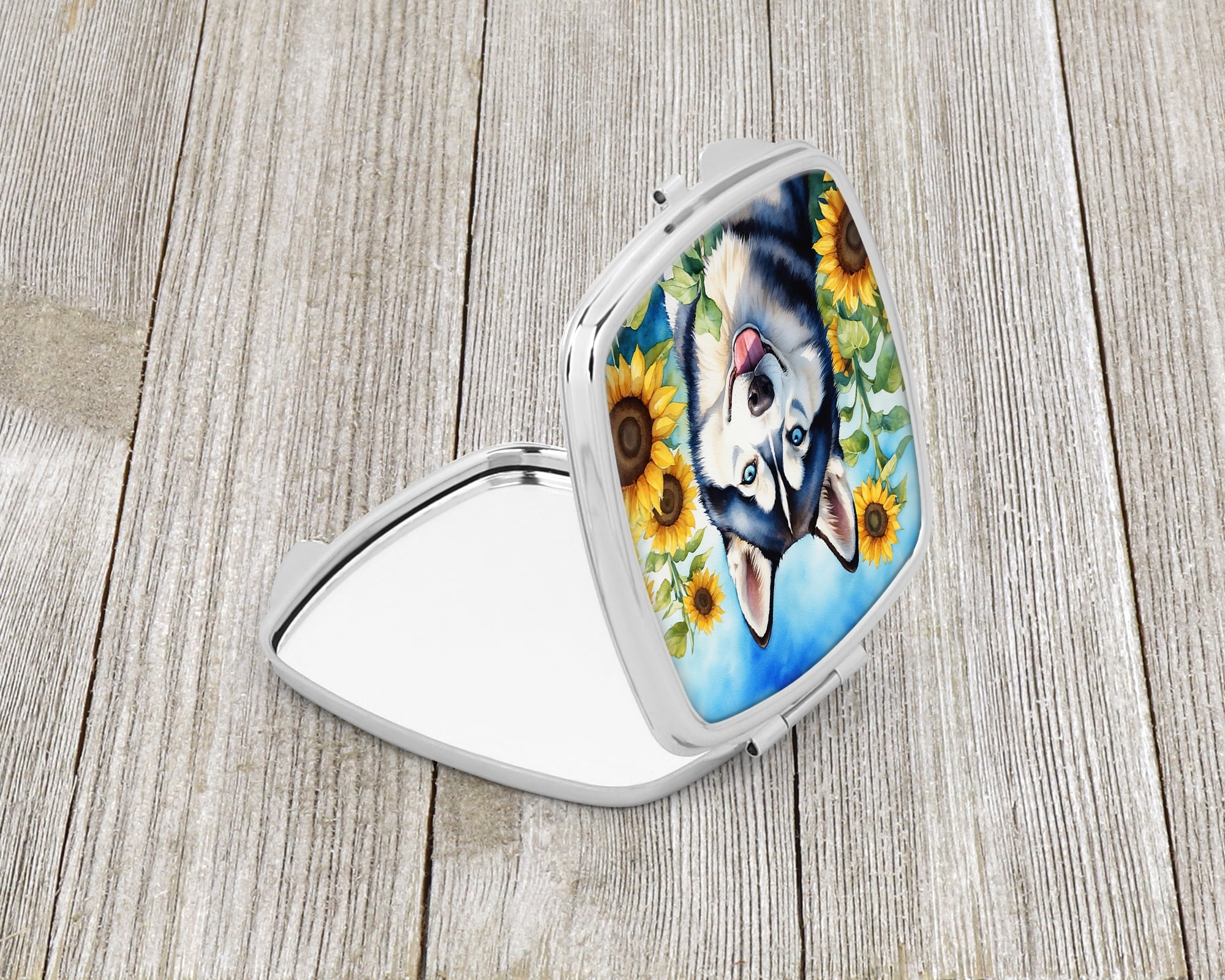 Siberian Husky in Sunflowers Compact Mirror 2.75 in x 3 in