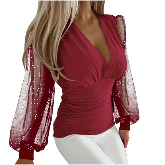 AherBiu Going out Tops for Women Mesh Sparkly Long Sleeve Shirts Deep V Neck Ruched Tunic Tops Blouse