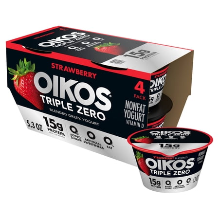 Oikos Triple Zero 15g Protein Strawberry Greek Yogurt, 90 Calories, 0g Added Sugar and 0 Artificial Sweeteners, Nonfat Yogurt Pack, Great for Office Snacks, 5.3 oz Cups, 4 Count