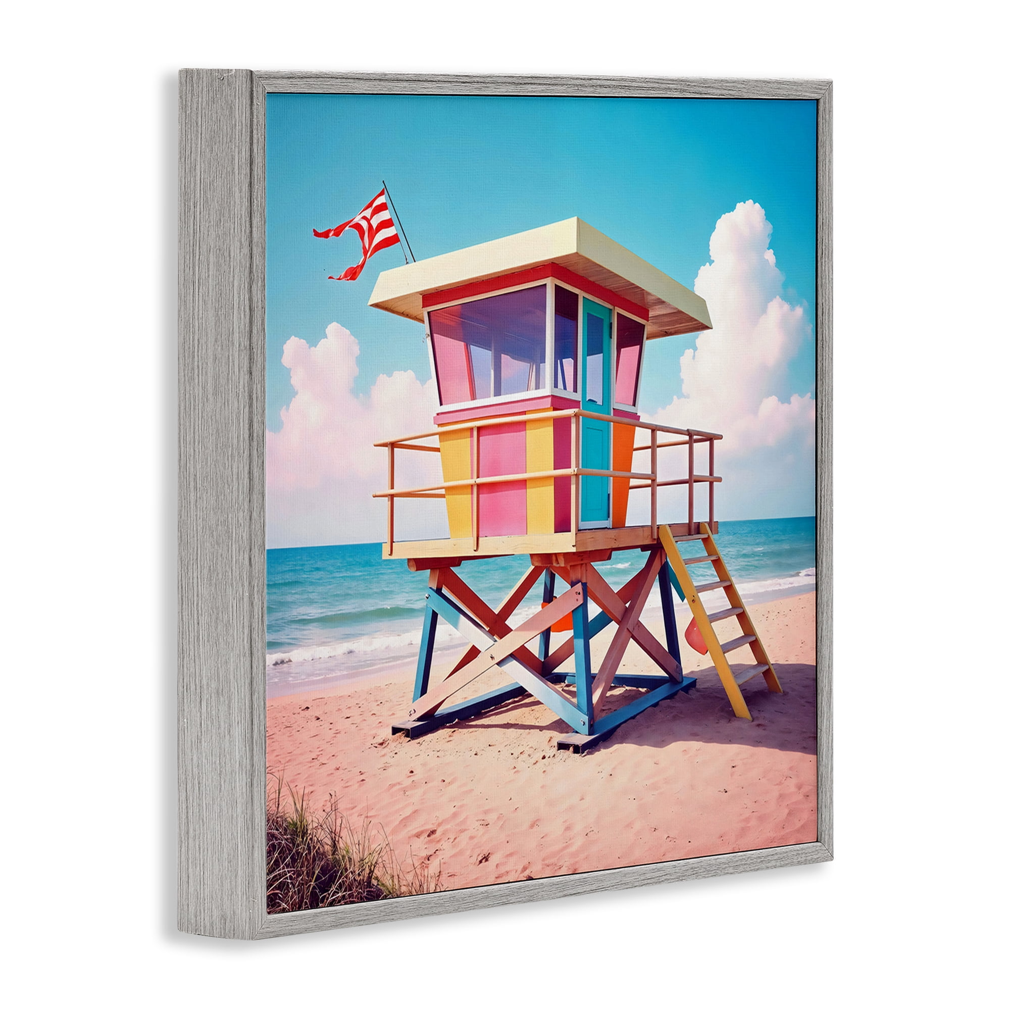Stupell Industries Colorful Sunny Beach Tower Gray Framed Giclee Art, design by Creative Studio