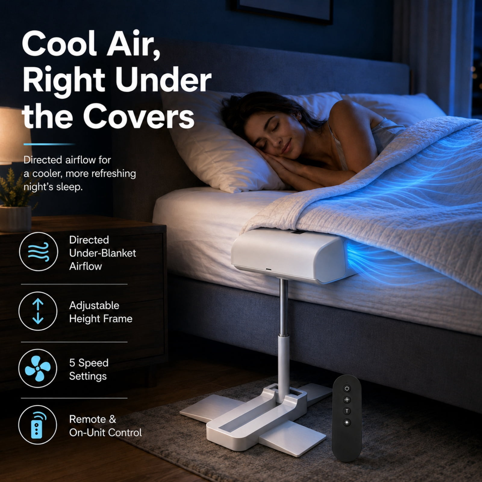 Snoozly Bed Fan, Directed Airflow Conveyance with Adjustable Supports, Silent Operation with Cordless Power Supply and Five-Speed Adjustment, Digital Control Panel, Ideal for Indoor