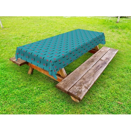 Picnic Table Umbrellas Cat Outdoor Tablecloth, Feline House Pet Silhouette with Polka Dotted Umbrella in the Rain, Decorative Washable Fabric Picnic Tablecloth, 58 X 104 Inches, Pale Sea Green Dark Coral Black, by Ambesonne ()
