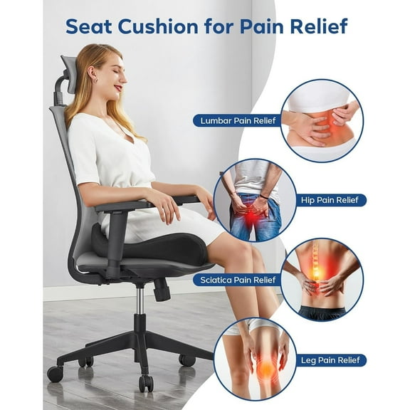 Sciatica & Tailbone Pain Relief Seat Cushion - Extra Thick Memory Foam Office Chair Cushion with Non-Slip Bottom, Coccyx Cushion for Desk Chair, Wheelchair, Truck Drivers