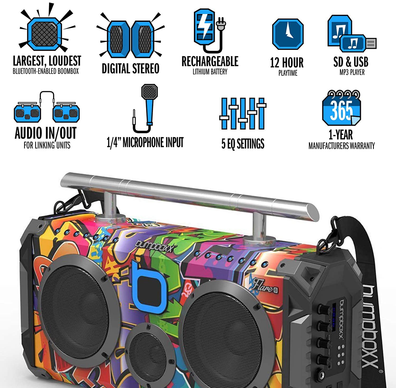 Rechargeable Bluetooth Speaker Bumpboxx Bluetooth Boombox Flare6 NYC Graffiti Retro Boombox with Bluetooth Speaker
