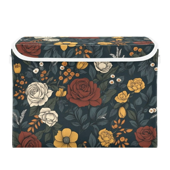Vintage Floral Pattern Design Large Storage Bins with Linen Collapsible Lid Storage Box 16.7 x 12.6 x 11.8in