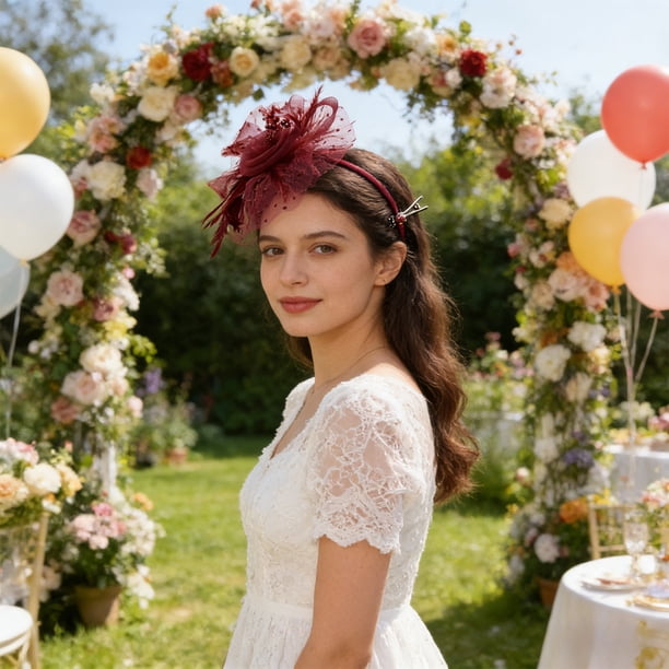 Joyas y relojes, accesorios, joyería, diadema, sombrero con flores, cintas de malla, plumas y pinza para la cabeza. Tocados para fiestas de té para niñas y mujeres, diadema de nailon.