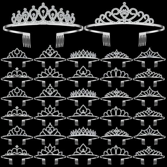 Lyrow 30 Pcs Silver Crystal Tiara for Women Bulk Rhinestone Queen Tiara Comb Princess Tiaras Crown Headband Galentines Day Party Favors Hair Accessor