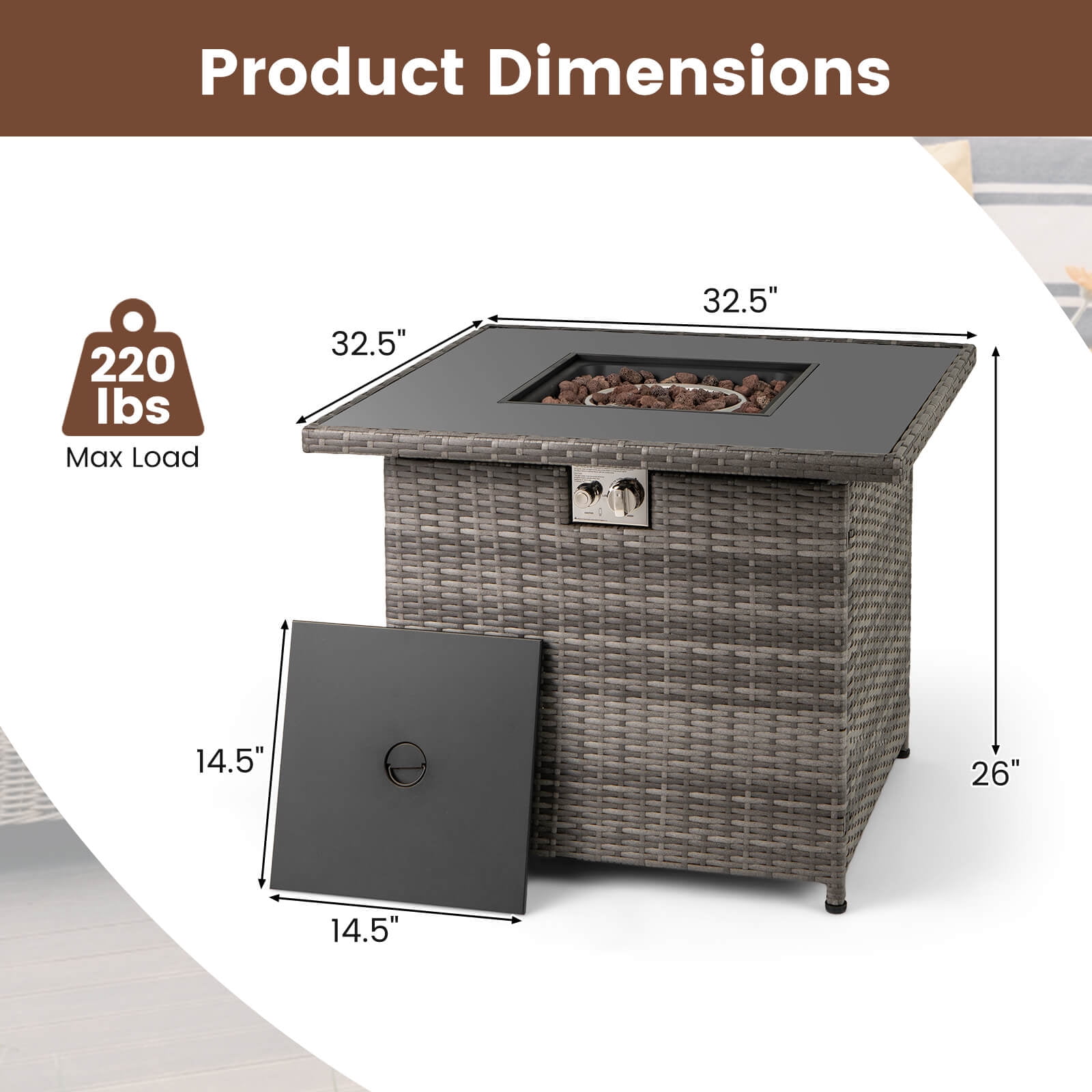 Costway 32.5" Propane Fire Pit Table Outdoor Wicker Gas Firepit with Stainless Steel Burner Gray