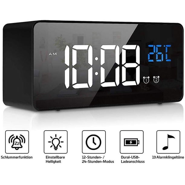 Reloj despertador digital, reloj de mesa digital LED con función de control de voz y visualización de temperatura, alarma de espejo con alarma dual Tiempo de repetición 4 niveles