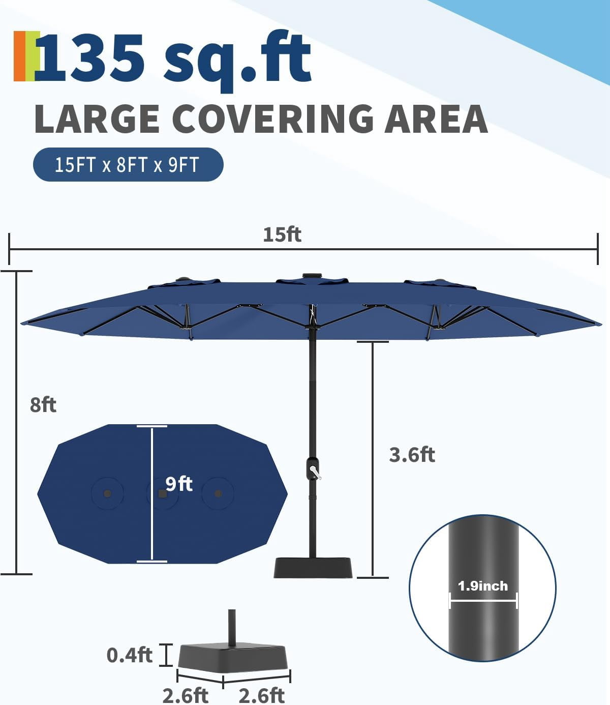 Lumiparty 15FT Large Patio Umbrella with Base Included, Double-Sided Rectangle Market Umbrella with Cross Base and Sandbag for Pool Lawn Garden, Navy Blue
