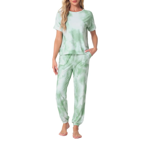 Conjunto de pijamas para mujeres INSPIRE CHIC, ropa de dormir suave, camiseta de teñido anudado con pantalones, atuendos de sudadera con bolsillo, 2XL verde