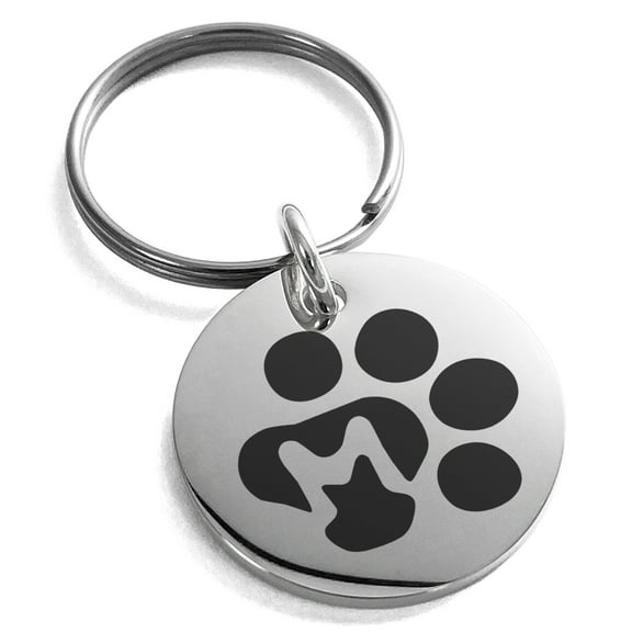 Stainless Steel Letter M Initial Cat Dog Paws Monogram Engraved Small Medallion Circle Charm Keychain Keyring