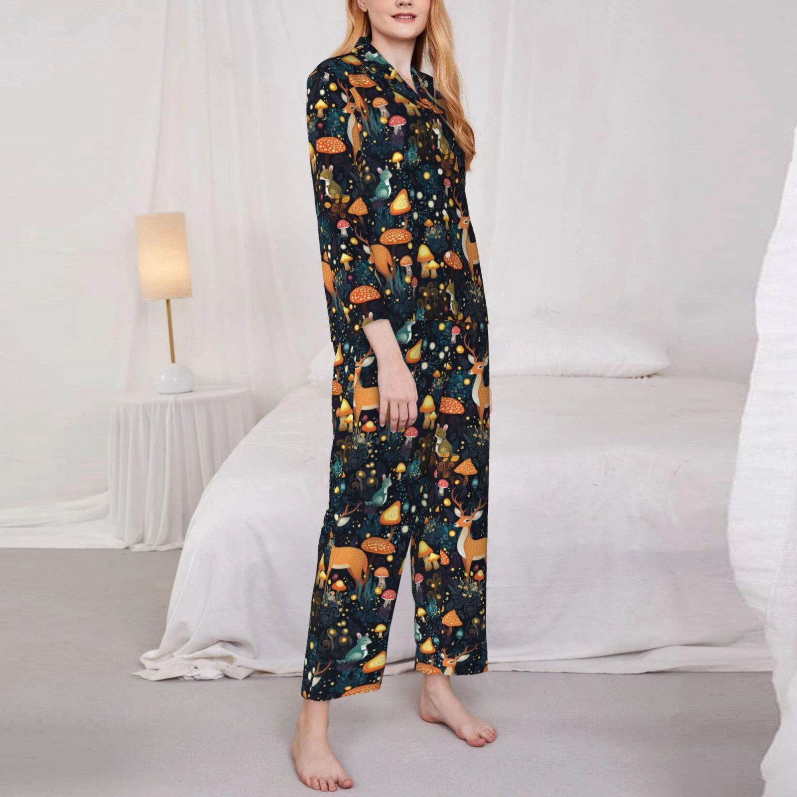 Rateoe Forest Elf Pattern Womens Pajamas Set Long Sleeve Sleepwear Button Down Nightwear Soft Cotton Pj Lounge Sets