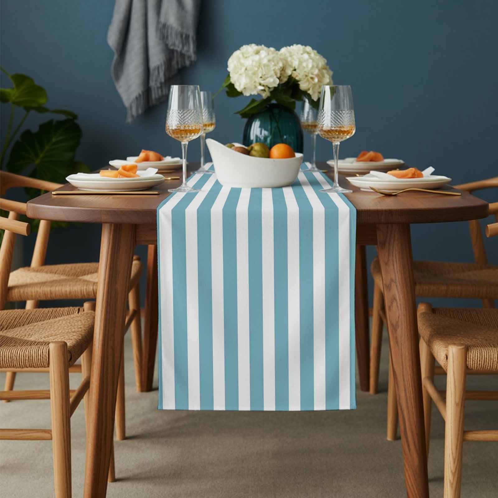Cyan and White Striped Table Runner 13x120 inch Gradient Cotton Linen Dining Table Runner Ideal for Dresser Kitchen Coffee Tables - Machine Washable