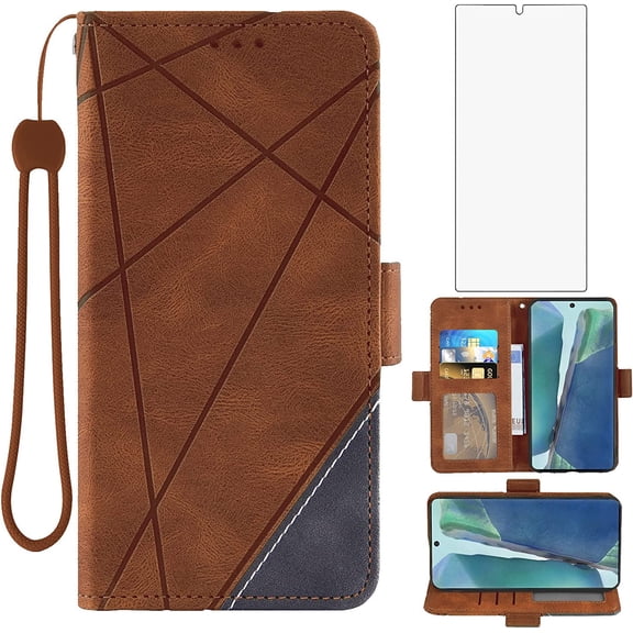 Compatible with Samsung Galaxy Note 20 Glaxay Note20 5G Wallet Case Tempered Glass Screen Protector Flip Cover Card Holder Stand Cell Phone Cases for Gaxaly Notes 20s Twenty Not S20 Women Men Brown