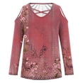 thumbnail image 4 of Lovskoo 2024 Cold Shoulder Tops for Womens Fall Tops Floral Printed Fashion Long Sleeve Shirt Burgundy, 4 of 5