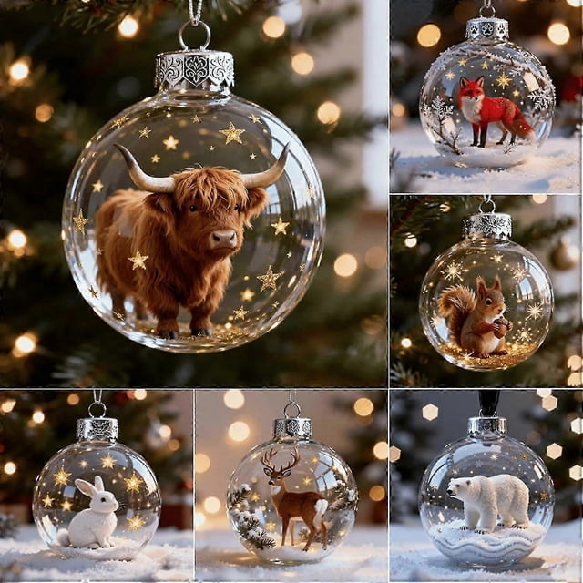 2026 Wildlife Wonders Collection Crystal Glass Ornament, Vivid 3D Animal Christmas Decoration, Clear Plastic Xmas Balls, Highland Cow Ornament, Holida
